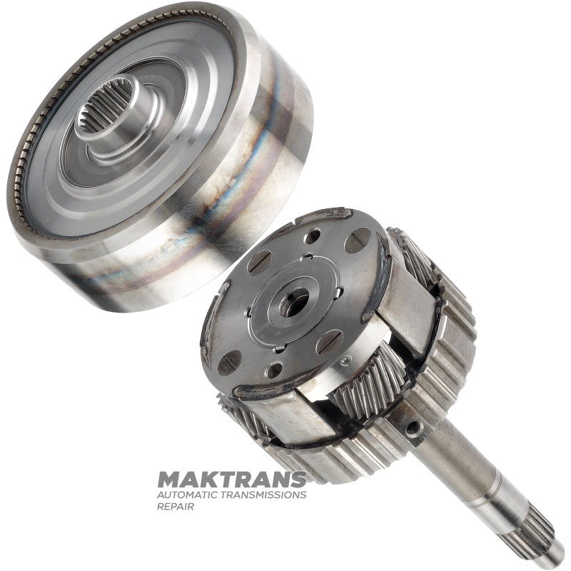 Входной вал / планетарная передача OVERDRIVE Aisin Warner 30-40LE, 30-80LE / TOYOTA A340 — длина входного вала 195 мм (20 шлицев, нар.Ø 21.30 мм), 4 сателлита (23 зуба, 2 насечки), кольцевая шестерня 79 зубьев (нар.Ø 117.95 мм)