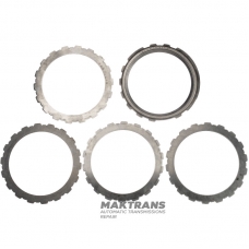Комплект сталевих дисків Intermediate Clutch FORD 4R70, 4R75, 4R75W — 4 сталеві диски (товщина 2.02 мм, вн.Ø 148.45 мм, 18 зубів), 1 опорний диск (товщина 6.40 мм, вн.Ø 141).