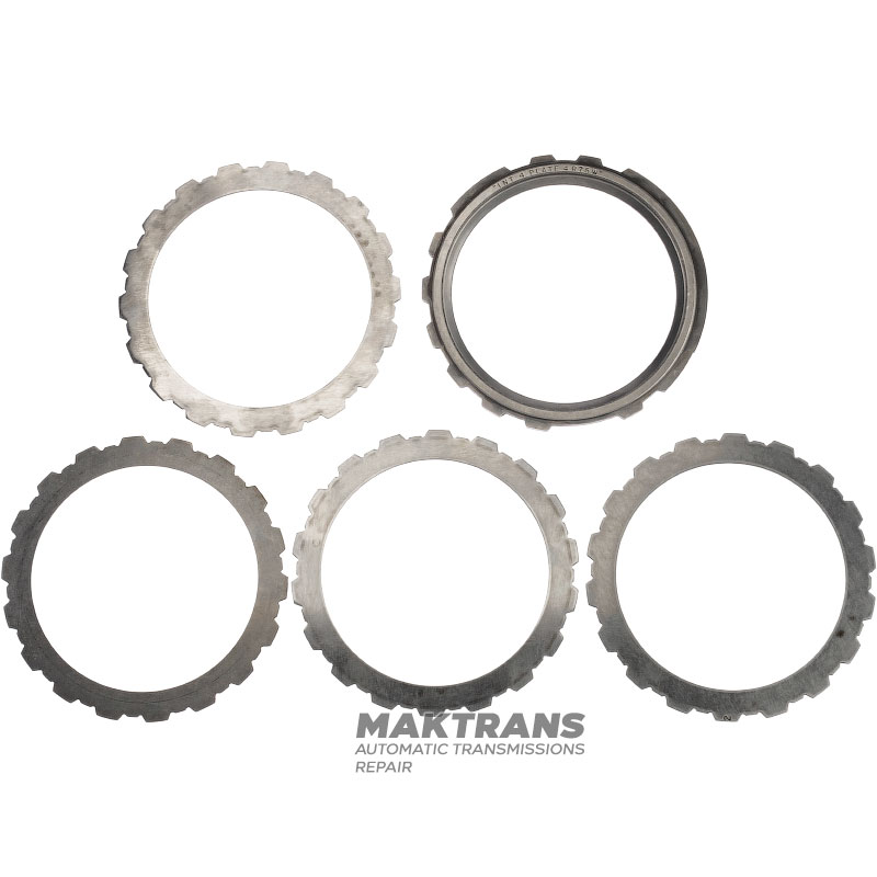 Комплект стальных дисков Intermediate Clutch FORD 4R70, 4R75, 4R75W — 4 стальных диска (толщина 2.02 мм, вн.Ø 148.45 мм, 18 зубьев), 1 опорный диск (толщина 6.40 мм, вн.Ø 148.45 мм, 18 зубьев)
