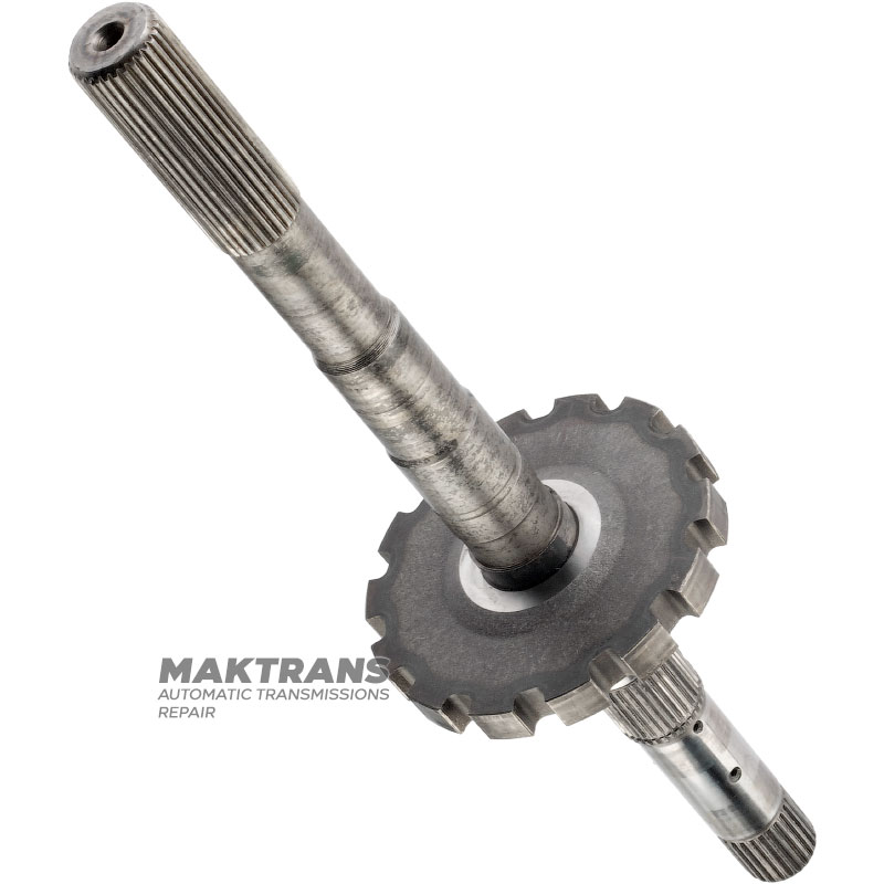 Output shaft (with parking gear) FORD E4OD, 4R100 — overall length 506 mm, 31 splines (ext.Ø 34.30 mm), parking gear 14 teeth (ext.Ø 142.10 mm)