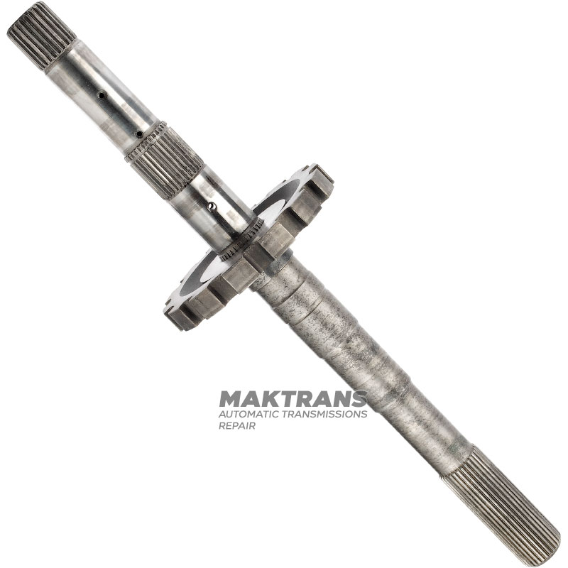 Output shaft (with parking gear) FORD E4OD, 4R100 — overall length 506 mm, 31 splines (ext.Ø 34.30 mm), parking gear 14 teeth (ext.Ø 142.10 mm)