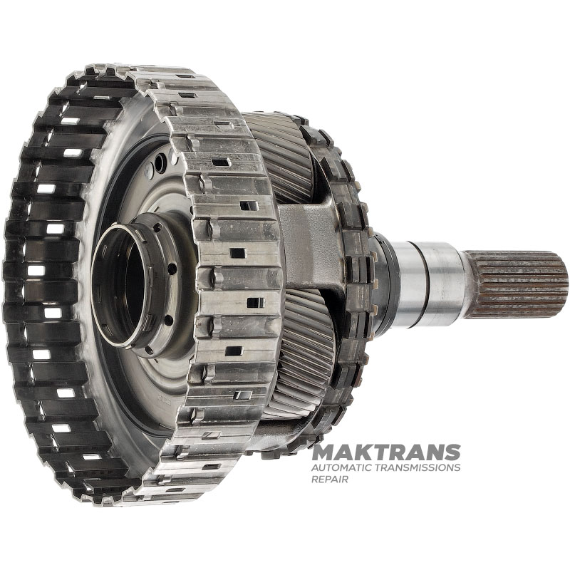 Выходной вал, барабан D Clutch, планетарная передача №4 ZF 8HP70, 1102242079 — общая высота 233 мм, 4 сателлита (37 зубьев), 23 шлица (нар.Ø 30.80 мм, длина шлицев 50 мм), сьемная парковочная шесетрня