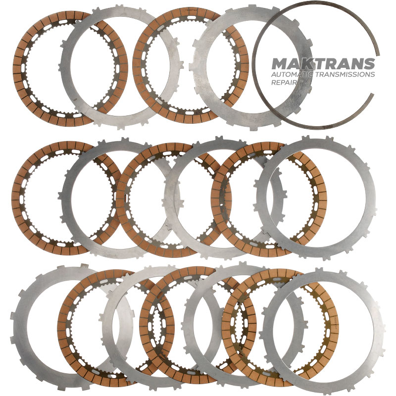Комплект стальных и фрикционных дисков B2 Brake (Low / Reverse) NISSAN RE6R01A / AISIN WARNER A466ND —  8 фрикционных дивов, (общая толщина комплекта 45.15 мм)