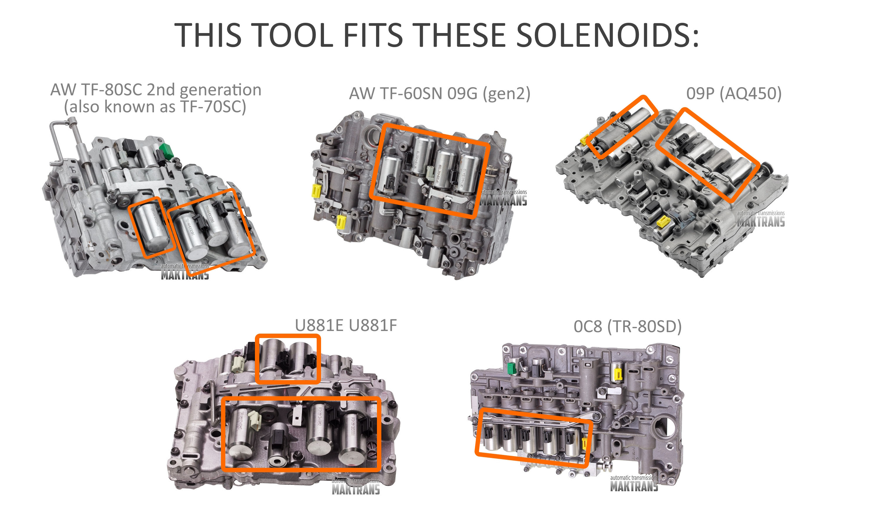 Tool for repair of solenoid with large coil AW TF-70SC AW TF-60SN 09G (gen2) AW TF-60SN 09G (gen3 - 09P) U881E 0C8 TR-80SD